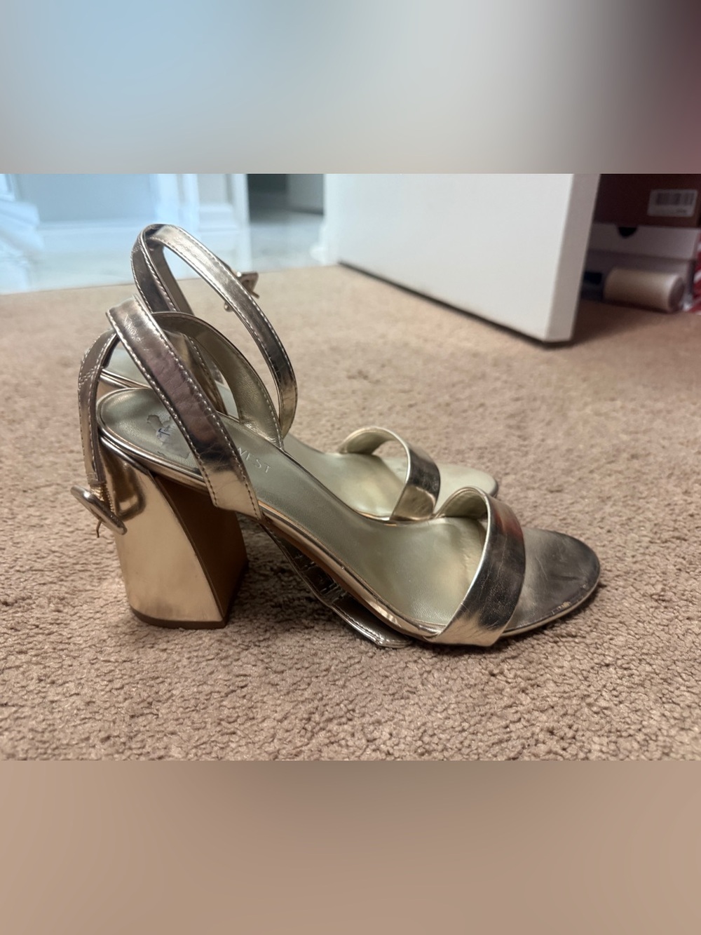 Metallic Gold Block Heel Strappy Sandals - Women's